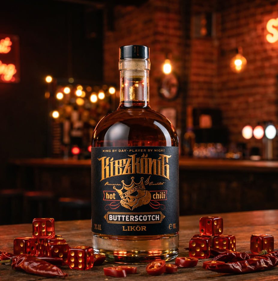 Kiezkönig Butterscotch Likör Flasche auf einer Bar mit Würfeln und Chili